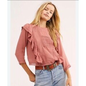 Free People Jasmine Ruffle Lace Boho Peasant‎ Gauzy Victorian Cotton Blouse M